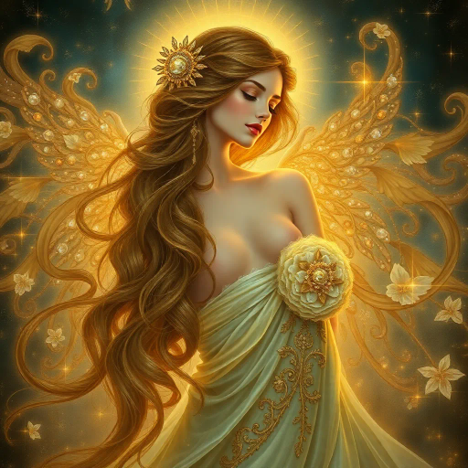 ethereal realm, enchanting beauty, Gustav Klimt, surreal elegance, divine femininity, radiant glow, golden hues, flowing curves, celestial allure, mythical ambiance, intricate detailing, dreamlike atmosphere, baroque influences, voluptuous forms, gentle curves, luminous highlights, mystical aura, tender expressions, timeless elegance, whimsical grace