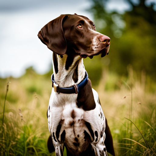 German shorthair pointer, dog breed, hunting dog, animal companion, loyal, intelligent, energetic, athletic, outdoors, nature, wildlife, forest, field, game bird, hunting, gun dog, pointer, German origin, Germany, short hair, wiry coat, muscular, brown and white, sleek physique, elegant, sleek, glossy coat, pointed snout, intelligent eyes, expressive, alert, high energy, active, athletic build, outdoor activities, running, agile, fast, strong, powerful, muscular legs, hunting instincts