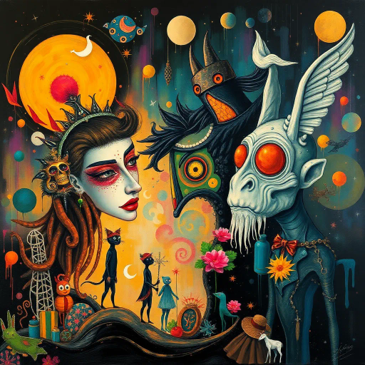 bold narrative, surrealism, contemporary twist, vibrant palette, expressive brushstrokes, dynamic composition, emotional depth, contrasting shadows, intricate textures, storytelling essence, pop culture influences, imaginative characters, playful motifs, symbolism, cultural tapestry, modern mythology, emotional resonance, fantasy elements, mysterious allure, whimsical aesthetics