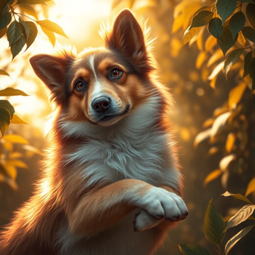 loyal canine, timeless companion, vibrant fur, dynamic pose, sunlight filtering through leaves, hyper-realistic detail, warm tones, playful energy, nature-inspired, elegant curves, contemporary aesthetics, James Jean influence, surreal background, whimsical atmosphere, soft textures, gentle movement, emotional depth, exploration of friendship, angular shadows, harmonious balance, symbolic presence, serene expression, intricate patterns, evocative storytelling, captivating gaze