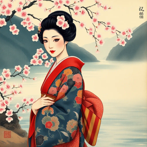 Japanese woman, vibrant kimono, ukiyo-e influence, delicate brushwork, traditional, serene expression, cherry blossoms, soft lighting, Edo period, rich textures, cultural elegance, harmonious composition, cherry woodblock textures, Sumi-e techniques, pastel hues, graceful pose, Zen influence, atmospheric depth, subtle patterns, intricate embroidery, calligraphy elements, natural scenery background, water reflections