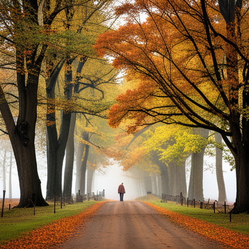 fall foliage, golden hues, crisp air, harvest season, warm colors, melancholy, russet leaves, cozy sweaters, pumpkin spice, bonfires, misty mornings, nostalgic, woodland creatures, apple picking, changing landscapes, foggy atmosphere