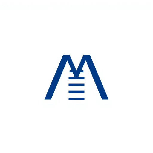 abstract, minimalist logo, geometric letter M, thin horizontal lines, hierarchy, ladder rungs, solid indigo blue, crisp vector design, white background, modern typography, Bauhaus influence, clean composition, precise geometry, vector graphics, contemporary aesthetic, graphic design, minimalism, line weight variation, symbolic representation, structured layout