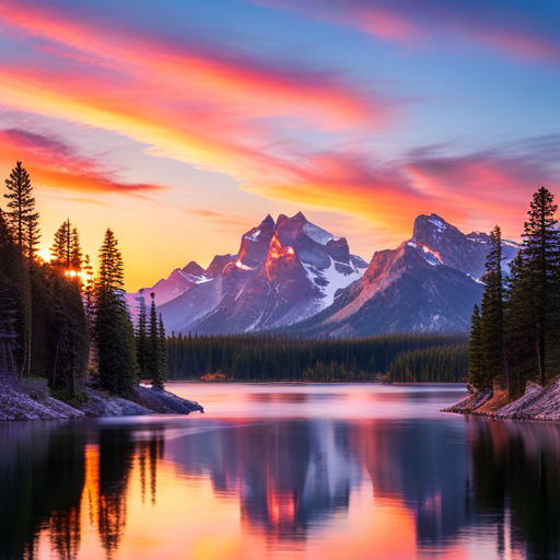 serene landscapes, vibrant colors, golden hour lighting, reflective waters, majestic mountains, lush forests, natural beauty, outdoor adventure, peaceful solitude, national parks, wilderness exploration, breathtaking vistas, tranquil lakes, scenic views, adventurous spirit, calm waters, tranquil atmosphere, remote destinations