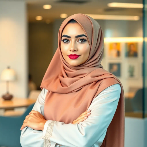Arab woman, elegant hijab, professional setting, modern workplace, high heels, Middle Eastern culture, contemporary art, intricate patterns, vibrant colors, soft lighting, dynamic pose, cultural expression, delicate fabrics, office environment, confident demeanor, sophisticated fashion, grace and poise, diverse representation, cultural fusion, empowerment, modernism, Impressionism influences, human form, balance and harmony, Henri Matisse, modern elegance, intricate textile patterns, vibrant aesthetic, global influence, artistic expression, dignity and strength, atmospheric composition, elegant lines, harmonious palette, seamless integration, modern artistry