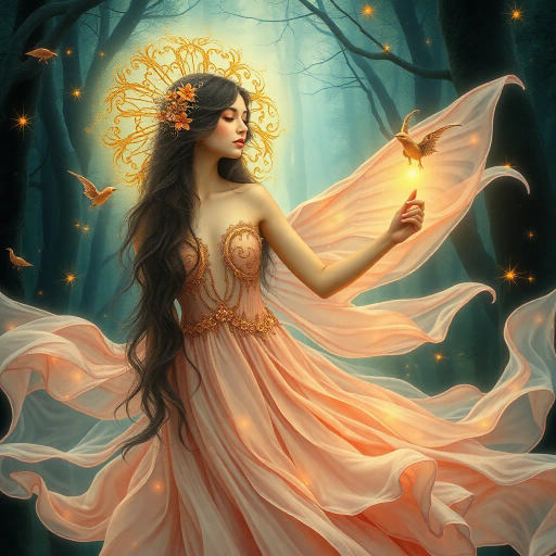 ethereal maiden, delicate features, reminiscent of Alphonse Mucha, Art Nouveau, flowing gowns, surreal ambiance, dreamlike setting, mystical forest backdrop, ethereal girl, vivid imagination, intricate detail, inspired by Brian Froud, whimsical, enchanted forest, glowing aura, soft pastels, luminescent glow, intricate details, magical aura, gentle movement, Renaissance influences, serene expression, whimsical elements, rich textures, poetic essence, imaginary realm, lyrical beauty, mythical creatures, dynamic composition, mysterious allure, delicate textures, harmonious balance, fairytale inspiration, enchanted realism, artistic elegance, magical realism, lyrical beauty, fantasy-art