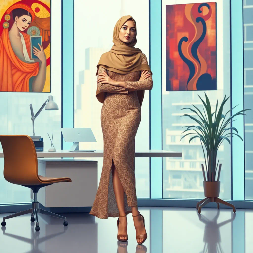 elegant Arab woman, contemporary fashion, hijab, professional attire, modern workplace, high heels, Middle Eastern influence, vibrant colors, soft ambient lighting, dynamic posing, cultural expression, delicate textiles, confident and empowering presence, sophisticated grace, diverse cultural representation, fusion of modern and traditional elements, cultural fusion, empowerment and poise, Impressionism influences, Gustav Klimt inspiration, Art Nouveau elegance, intricate patterns, intricate detailing, vibrant color palette, symbolic attire, office environment, balance and harmony, dynamic composition, surreal lighting, cultural narrative, refined textures, bold symbolism, artistic influences, multicultural dialogue, striking balance, expressive realism, innovative representation, unique fashion, delicate balance, harmonious color palette