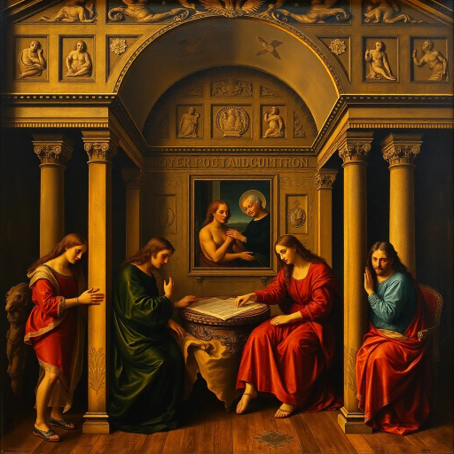 Leonardo da Vinci, Vittore Carpaccio, Italian Renaissance, chiaroscuro, masterful blending, vivid realism, historical influence, intricate detail, soft lighting, dramatic composition, warm earthy tones, oil painting technique, timeless wonder, balanced proportions, refined brushwork, architectural marvel, artistic genius, human anatomy, renaissance spirit, reflective mood, harmonious elements, cultural legacy