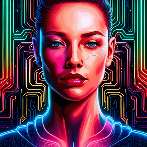 futuristic, artificial intelligence, cyborgs, neon lights, maximalism, technology, circuit boards, hyperrealism, bold colors, typographic design, glitch art