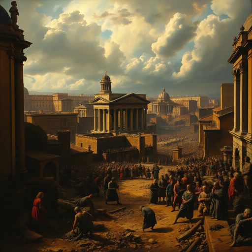 historical devastation, Alaric the Visigoth, ancient ruins, classical architecture, fiery inferno, chaos and turmoil, gothic shadows, sacking and looting, eternal city, Roman Empire, invasion, dramatic conflict, tumultuous skies, Rembrandt lighting, powerful emotions, ancient warfare, Caravaggio-inspired, chiaroscuro, symbolic destruction, fallen civilization, rich textures, monochromatic palette, intense drama, baroque influences, historical narrative, perspective of awe, melancholic atmosphere