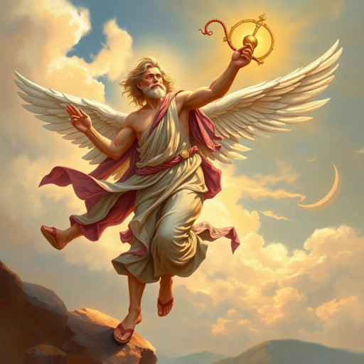 Hermes, Greek god, divine messenger, wings on sandals, caduceus, classical antiquity, dynamic pose, mythological figure, spiritual journey, open sky, ethereal glow, bronze sheen, golden highlights, Renaissance elegance, lively expression, flowing robes, celestial ambiance, Olympian grandeur, masterful brushwork, majestic presence, fluid motion, wind-swept landscape, Michelangelo, baroque drama, chiaroscuro lighting, mythic narrative, historical symbolism, cosmic perspective, atmospheric depth, allegorical motif, timeless scale