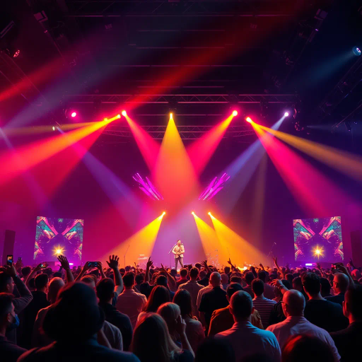 vibrant energy, live performance, modern music scene, audience perspective, dynamic lighting, stage illumination, sound waves, vivid colors, crowd interaction, atmospheric perspective, urban culture, musical instruments, high contrast, energetic ambiance, auditory experience, rhythmic patterns, visual harmony, concert aesthetics, immersive environment, expressive faces, movement and motion, contemporary setting, emotional connection, digital composition, artistic immersion