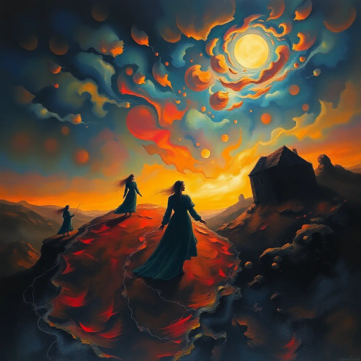 surreal landscape, Mike Worrall, dreamlike figures, ethereal glow, chiaroscuro, vibrant palette, enigmatic atmosphere, fluid motion, Renaissance influence, abstract forms, kaleidoscopic colors, impressionist brushwork, haunting beauty, dramatic contrasts, conceptual depth, mysterious narratives, twilight ambiance, surrealism, dynamic flow, intricate details