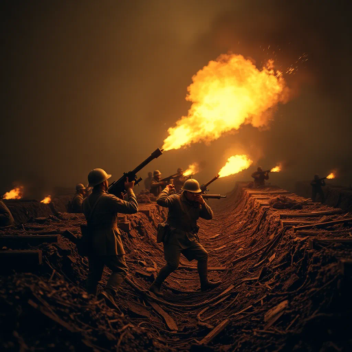 WW1 flamethrower, dramatic lighting, intense shadows, chaos, historical context, realism, vivid colors, explosive movement, soldiers in trenches, smoke and fire effects, battlefield ambiance, tension and fear, Edward Hopper, warzone illustration, somber mood, earth tones, textured brushstrokes, dynamic composition, perspective depth, early 20th century warfare, vintage military equipment, raw emotion, high contrast