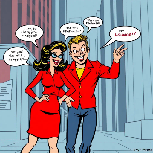 dynamic duo, sassy interaction, vibrant expressions, pop art, Roy Lichtenstein, exaggerated features, bold outlines, primary colors, playfulness, urban setting, mid-century, narrative illustration, cheeky banter, contemporary influences, graphic storytelling, stylized characters, lively composition, humorous tone, visual wit, sequential art, iconic style, energetic poses, bold typography, speech bubbles, retro vibes
