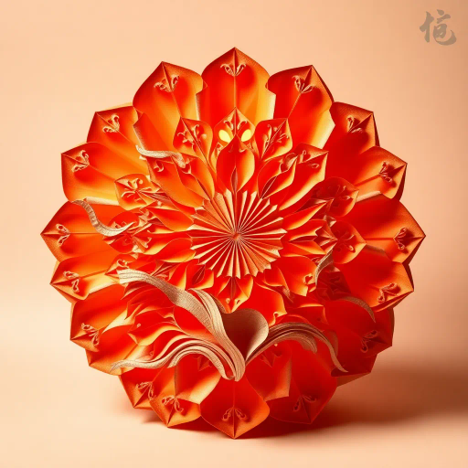 complex paper folding, vibrant hues, intricate patterns, origami art, fire motif, candlelight glow, precise creases, geometric shapes, cultural aesthetics, traditional Japanese influence, dynamic movement, red and orange spectrum, shadow play, elegant structure, vivid contrasts, textured paper, delicate craftsmanship, symbolic warmth, flame shape, three-dimensional sculpture, evoking warmth, harmonious lines, energetic composition