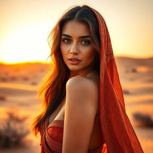 mysterious desert ambiance, sultry allure, arabian influence, exotic beauty, warm sunset glow, intricate patterns, delicate veils, rich golds and indigos, Henri Matisse inspiration, sensual curvature, dynamic movement, inspired by fiction and fantasy, opulent textures, fluid silks, contrast of light and shadow, intimate and bold, art nouveau elegance, sensual exploration, distant dunes, whispers of wind, cultural mystique, intricate henna designs, ethereal essence, graceful poise, visual poetry, emotive depth