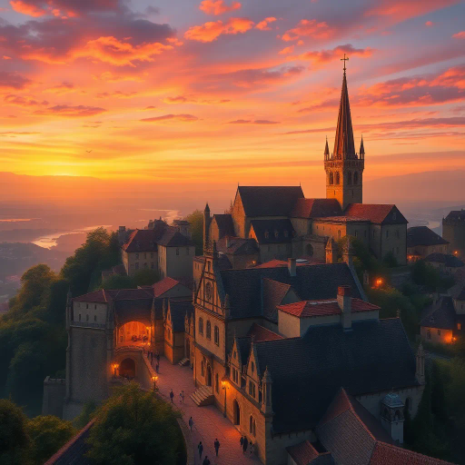 medieval cityscape, glowing twilight, perched on hilltop, vibrant colors, Claude Lorrain influence, golden hour lighting, ethereal atmosphere, lush landscapes, towering spires, intricate architecture, cobblestone streets, panoramic views, sweeping vistas, rich texture, romanticism, detailed engravings, enchanting aura, timeless beauty, serene ambiance, historical roots, narrative storytelling, mystical realm, elevated perspective, imaginative vision, dreamlike setting, magical realism, atmospheric haze, visual poetry, harmonious balance, artistic expression, visionary landscape, fantasy essence, enchanting visuals, Claude Monet inspiration, Baroque influence, tapestry of color, luminous glow, enchanting spell, whimsical charm, historical narrative, romantic era, pastel hues, soft shadows