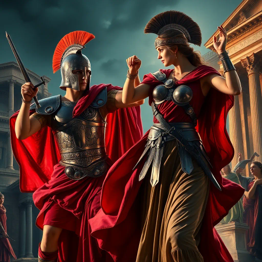 ancient Rome, Sack of Rome 410 CE, Visigothic warrior, Roman lady, dramatic tension, historical narrative, epic composition, chiaroscuro lighting, rich textures, vivid colors, romanticism, classicism, dramatic movement, cultural clash, historical saga, detailed armor, flowing Roman robes, emotional intensity, symbolic imagery, layered composition, heroic scale, classical architecture backdrop, dynamic interactions, historical realism, artistic storytelling, power and grace, clash of civilizations, evocative mood, intricate detailing, timeless conflict, artistic depth, dramatic contrast