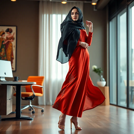 Arab woman, elegant hijab, professional setting, modern workplace, high heels, Middle Eastern culture, contemporary art, intricate patterns, vibrant colors, soft lighting, dynamic pose, cultural expression, delicate fabrics, office environment, confident demeanor, sophisticated fashion, grace and poise, diverse representation, cultural fusion, empowerment, modernism, Impressionism influences, human form, balance and harmony, Henri Matisse, modern elegance, intricate textile patterns, vibrant aesthetic, global influence, artistic expression, dignity and strength, atmospheric composition, elegant lines, harmonious palette, seamless integration, modern artistry