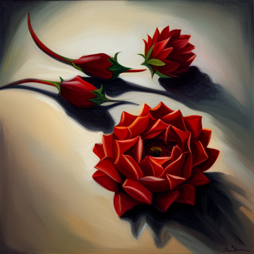 romanticism, still-life, oil painting, impressionism, art nouveau, warm lighting, chiaroscuro, emotional symbolism, thorns, red petals, life cycle, fragility, beauty, nature