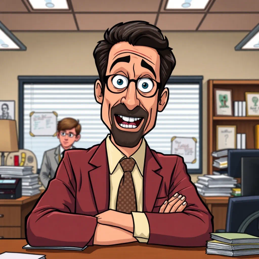 Michael Scott, The Office, humorous leadership, satirical character, expressive emotions, vibrant color palette, bold outlines, exaggerated features, office setting, workplace dynamics, iconic mid-2000s, paper company ambiance, slapstick comedy, quirky personality, Steve Carell, ensemble cast interaction, American sitcom influence, pop culture reference, deadpan humor, character-driven narrative, visual storytelling, cartoonish style, dynamic composition