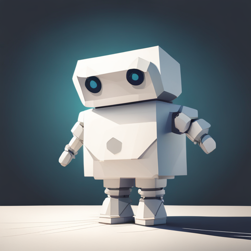 a small, friendly robot rendered in low-poly style with geometric shapes, featuring a front-facing view and a white background