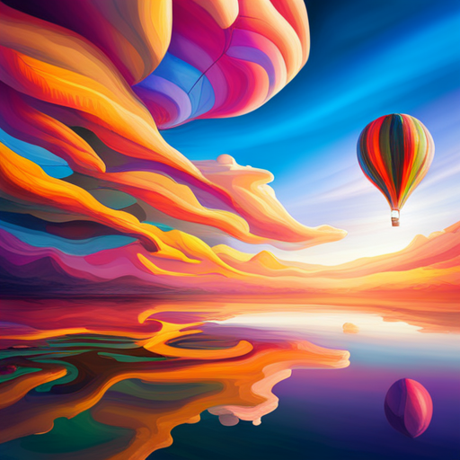 vibrant colors, large scale, dreamlike landscape, whimsical hot air balloon, surreal atmosphere, fantasy elements, imaginative composition, ethereal lighting, fantastical perspective, magical realism, floating sensation, colorful palette, otherworldly adventure