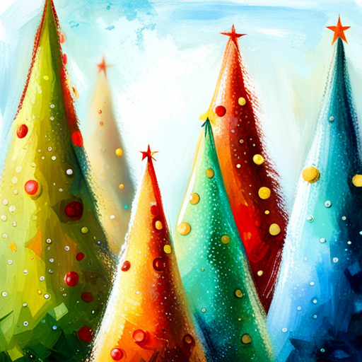 four Christmas tree, white background, textured, oil, vintage