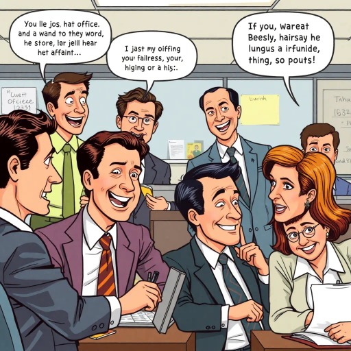 satirical workplace dynamics, humorous situations, colorful characters, Jim Halpert, Pam Beesly, mockumentary style, lively banter, office antics, playful tone, exaggerated expressions, narrative humor, corporate setting, vibrant palette, dynamic panels, exaggerated scenarios, comedic timing, slice of life, workplace comedy, Michael Scott, sitcom classic, Roy Lichtenstein influence, pop art aesthetic