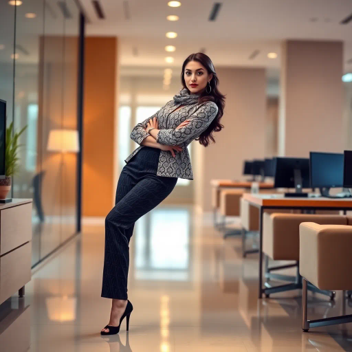 elegant Arab woman, professional attire, modern workplace, high heels, Middle Eastern influence, contemporary art style, intricate patterns, vibrant color palette, soft ambient lighting, cultural expression, dynamic posing, delicate textiles, confidence, empowerment, sophistication, grace, diverse cultural representation, cultural fusion, impressionism influences, human form depiction, balance and harmony, dynamic office environment, elegance, poise, detailed craftwork, modernism, cultural narrative, harmonious composition, vibrant textures