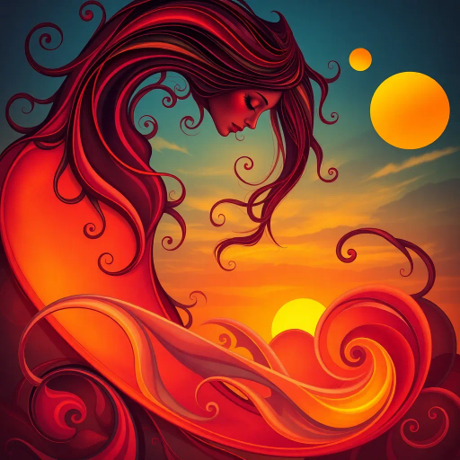 vibrant curvilinear forms, dynamic movement, glowing sunset hues, Art Nouveau elegance, soft ambient lighting, intricate detailing, contemporary vitality, youthful exuberance, lush textures, ethereal beauty, flowing shapes, expressive gesture, modern femininity, romantic allure, kaleidoscopic kaleidoscope, surreal sensuality, enchanting mystique, playful composition, imaginative realism