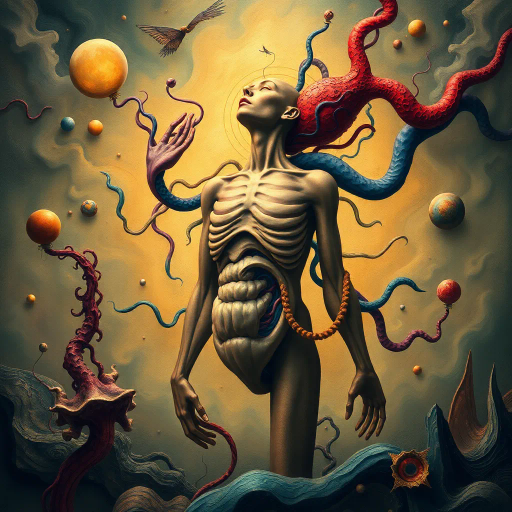 surreal anatomy, Salvador Dali influence, dream-like, soft lighting, whimsical, abstract forms, organic shapes, flowing lines, symbolism of life, contrasting colors, dynamic composition, imaginative exploration, emotional tone, fantastical elements, ethereal textures, modern interpretation, creative expression, surrealist techniques, bold contrasts, vibrant palette