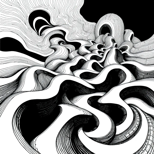 geometric shapes, intricate patterns, flowing lines, minimalist design, abstract expression, monochrome palette, dynamic movement, M.C. Escher influence, precise detailing, linear perspective, conceptual exploration, visual harmony, contour emphasis, spatial depth, contemporary influence, surreal geometry, optical illusion, mathematical artistry, avant-garde composition, abstract forms, pen and ink medium, black and white contrast, intersecting lines, detailed tessellation, fluid dynamics, rhythmic patterns, creative geometry, fine linework, subtle gradients, modern abstraction, artistic innovation, interlocking forms, infinite loops, Escherian landscapes, artistic paradox