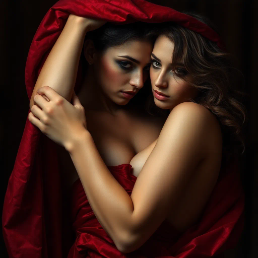 seductive allure, vibrant colors, ethereal lighting, Art Nouveau influence, dramatic curves, soft textures, sensuality, Gustav Klimt inspiration, flowing forms, luxurious detail, romantic mood, intimate ambiance, chiaroscuro, expressive movement, visual poetry, surreal elements, captivating gaze, rich fabric, elegant composition, timeless appeal, fluid lines, emotional depth