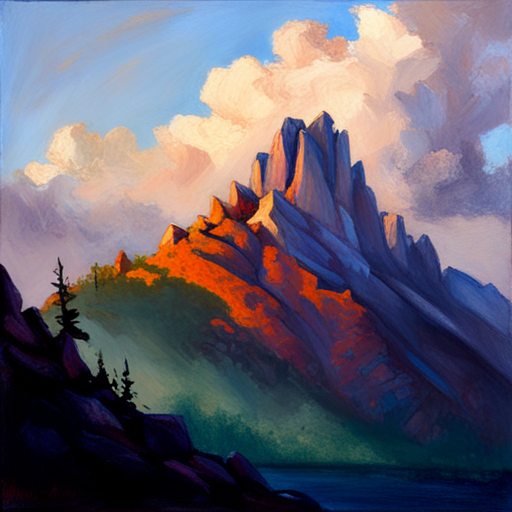 majestic peaks, rugged terrain, atmospheric perspective, muted colors, Impressionism, Hudson River School, light and shadow, texture, acrylic paint, naturalism, serenity, grandeur, scale, plein air, rocky outcroppings, dramatic sky, asymmetry, depth, soft brushstrokes, tranquility, digital painting, pixel art, atmospheric lighting