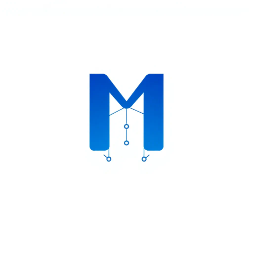 abstract letter M logo, parent node, child nodes, thin branching lines, tree hierarchy, indigo gradient, minimal vector design, white background, geometric abstraction, modernist influence, Bauhaus, clean lines, connection symbolism, hierarchical structure, conceptual design, negative space, visual balance, contemporary aesthetics