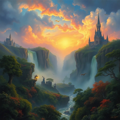 mythical landscape, epic scale, vibrant colors, enchanted forest, magical waterfalls, Arthur Rackham, J.R.R. Tolkien inspiration, ethereal glow, misty atmosphere, whimsical nature, medieval castles, enchanted creatures, surreal geometry, mystical aura, dream-like scenery, fairytale whimsy, enchanted realm, timeless beauty, storytelling elements, imaginative vistas, soft light, detailed foliage, fantasy realism, painterly textures, rich history, cultural mythology, adventure, wonder, imaginative storytelling, fantasy world, breathtaking scenery, enchanted visions, character-rich mythology, epic narratives, atmospheric depth, evocative imagery