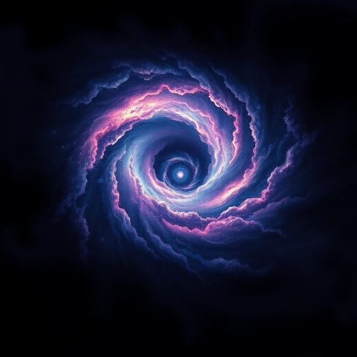 cosmic vortex, swirling darkness, celestial phenomenon, enigmatic space, Stephen Hawking inspiration, surrealism elements, chiaroscuro lighting, infinite depth, Hyperrealism, deep blues and purples, gravitational pull, galactic mystique, abstract forms, radiant singularity, ethereal glow, Douglas Trumbull influence, expansive void, dynamic composition, interstellar, cosmic wonder, visual metaphors, astronomical scale, transcendental