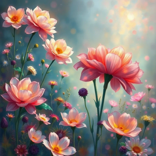 vibrant florals, surreal blooms, ethereal garden, Claude Monet influence, dreamlike atmosphere, luminous petals, soft pastels, Art Nouveau elements, mystical springtime, enchanted landscape, luminous glow, delicate brushstrokes, layered textures, intricate details, mythical fauna, whimsical elegance, organic forms, serene nature, iridescent highlights, immersive scenery, imaginative composition, poetic symbolism, serene contemplation, dynamic interplay of colors, artistic tranquility