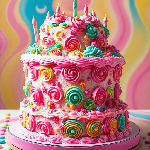 vivid birthday cake, intricate details, vibrant colors, surrealism, whimsical, dream-like, fantastical elements, splashes of paint, soft glow, celebratory mood, contemporary, dynamic composition, pastel hues, icing texture, multicolored sprinkles, playful elements, multi-layered structure, high contrast, delicate frosting, creative presentation, joyful ambiance, artistic flair, imaginative design, cake artistry, festive atmosphere, imaginative presentation, dynamic movement, Salvador Dali, Marc Chagall, pop-art influences, ethereal lighting, impressionistic brushstrokes, dream-like textures, visual harmony, chromatic splendor, joyous expression, cultural festivities, artistic visionary, enchanting scene