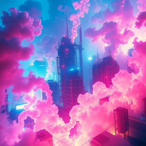 ethereal smoke trails, vibrant neon hues, cybernetic landscapes, futuristic cityscape, luminescent glow, abstract forms, intricate interplay of light and shadow, dynamic composition, vivid electric blues and purples, steam punk influences, digital surrealism, edgy atmospherics, billowing clouds, convergence of organic and mechanical, energy and motion, luminescence, dystopian mood, vaporwave aesthetics, chromatic aberration, urban energy