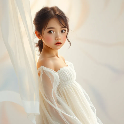 youthful innocence, delicate textiles, soft hues, impressionistic light, fashion illustration, pastel palette, gentle textures, 21st-century trends, intimate perspective, flowing lines, elegance, subtle movement, youthful elegance, graceful composition, feminine energy, cultural nuances, delicate patterns, expressive softness, modern fashion, detailed textures, gentle tones