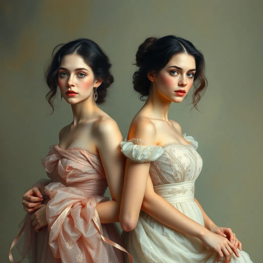 elegant femmes, graceful posture, intricate fashion, ethereal beauty, soft lighting, romantic era, impressionistic brushstrokes, pastel hues, delicate textures, feminine elegance, serene expressions, renaissance influences, flowing fabrics, atmospheric composition, refined aesthetics, timeless allure, enchanting aura, subtle movement, classical themes, Claude Monet, Edgar Degas, Raphael, chiaroscuro, delicate pastels, harmonious balance, historical richness, fine detail, luminous glow, cultural grace, narrative depth, portraiture, emotive grace, evocative ambiance