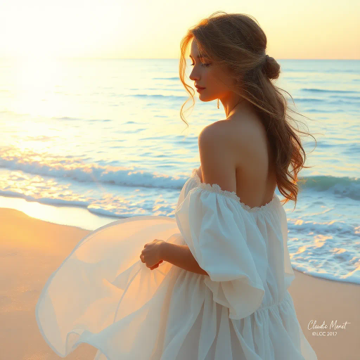 serene beach scene, ethereal light, vibrant sunrise, Claude Monet influence, gentle waves, Impressionism, warm color palette, soft brushstrokes, golden sands, timeless beauty, reflective water, gentle breeze, horizon line, tranquil mood, relaxed expression, flowing garments, intricate details, playful shadows, natural beauty, calm ocean, distant cliffs, artistry of nature, morning glow, sun-drenched, peaceful atmosphere, female figures, harmonious composition, visual poetry, artistic elegance, serene landscape, open sky, mood of contemplation, touch of mystery, dynamic forms, visual harmony