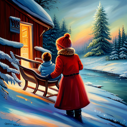 Winter Children, Christmas Tree, Painting, Snow, Joyful, Traditional, Classic, Realism, Light and Shadow, Colorful, Soft Brush Strokes, Holiday, Festive, Seasonal, Cold Weather, Celebratory, Nostalgic, Family, Childhood, Magical, Winter Wonderland, Snowflakes, Cozy, Fireplace, Presents, Sleigh, Horses, Winter Clothing, Excitement, Happiness, Innocence, Traditional Art, Wintertime, Festivities