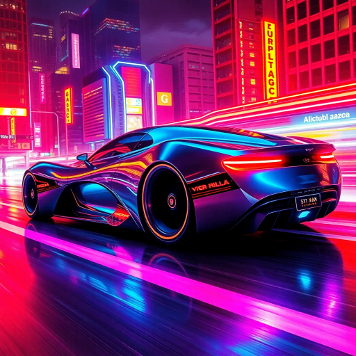 futuristic car design, sleek lines, chrome finish, vibrant neon highlights, dramatic lighting, dynamic movement, aerodynamic shape, retro-futurism, precision engineering, urban environment, concept art, high-tech materials, hyper-realistic detailing, modern aesthetics, speed and agility, metallic textures, ambient atmosphere, avant-garde composition, illuminated cityscape, art deco influences