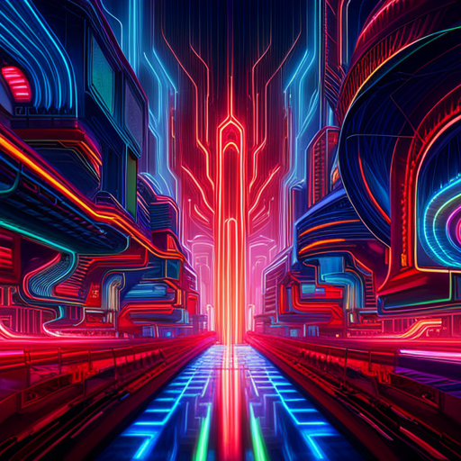 Futuristic cyberpunk meets artificial intelligence in a neon maximalist world with complex generative art patterns. Glitch art and machine learning interweave with wires and circuits to create an abstract expressionism inspired digital landscape.