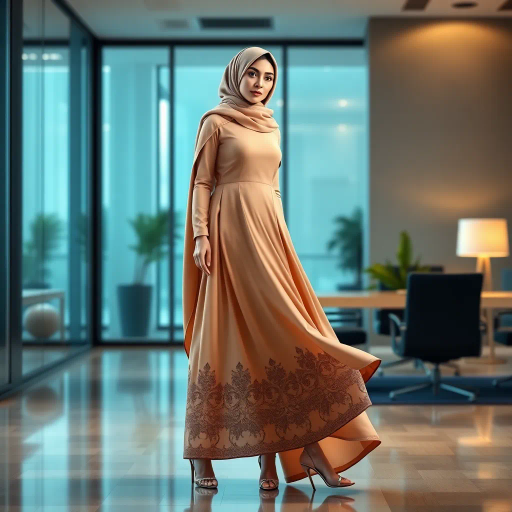 elegant Arab woman, hijab, contemporary office setting, sophisticated heels, smooth skin, refined texture, intricate patterns, modern elegance, soft lighting, harmonious composition, vibrant yet subtle color palette, Middle Eastern cultural elements, professional ambiance, poised demeanor, intricate details, delicate balance, seamless flow, aesthetic symmetry, cultural symbolism, refined grace, digital artistry, realistic portrayal, nuanced depth, subtle dynamism, graceful movement