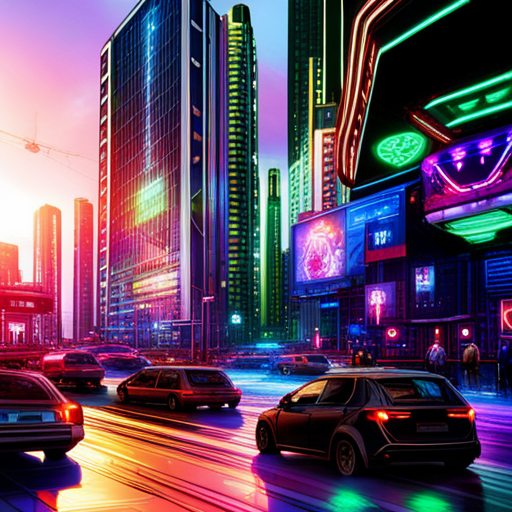 futuristic, sci-fi, cyberpunk, utopian, victory, rebellion, bright colors, towering skyscrapers, futuristic architecture, cybernetic enhancements, luminous signs, resilient heroes, digital age, sustainable ecosystem